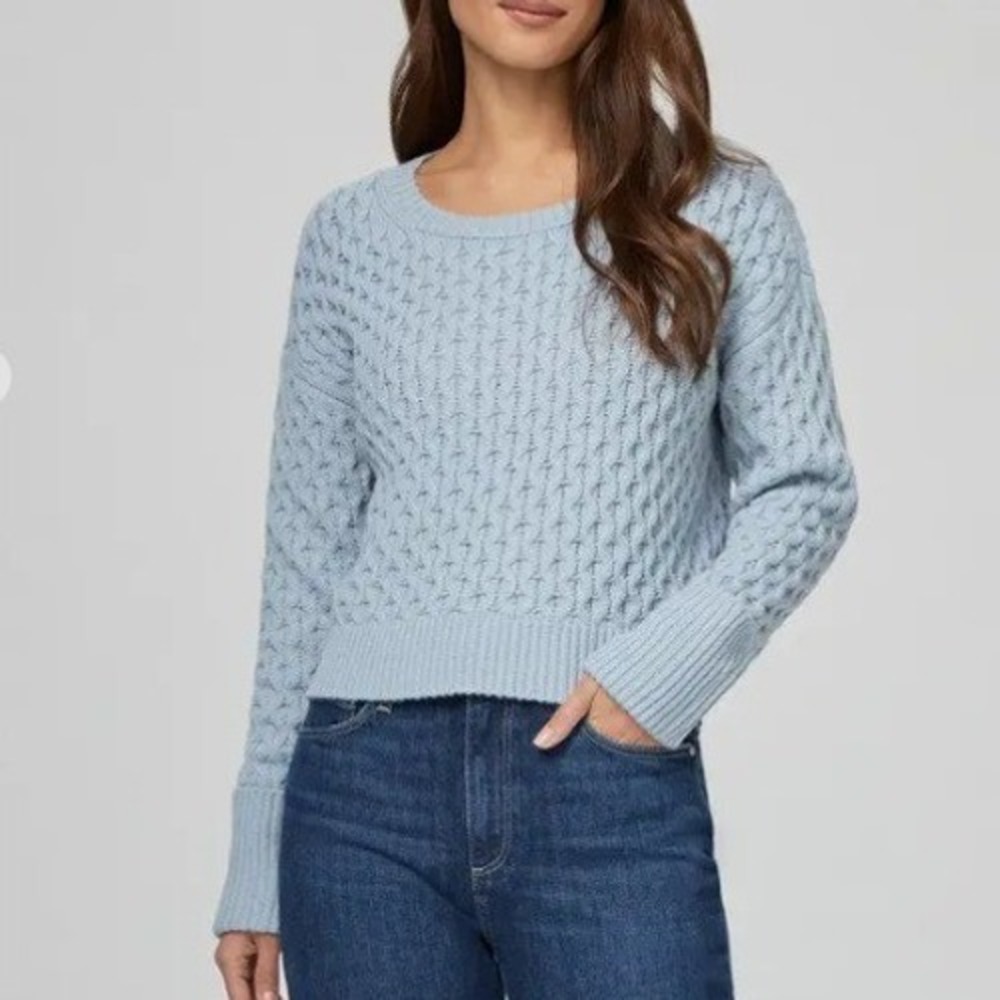 PAIGE Olette Sweater Medium Sky Blue Wool Blend Cropped Chunky Fisherman Coastal
